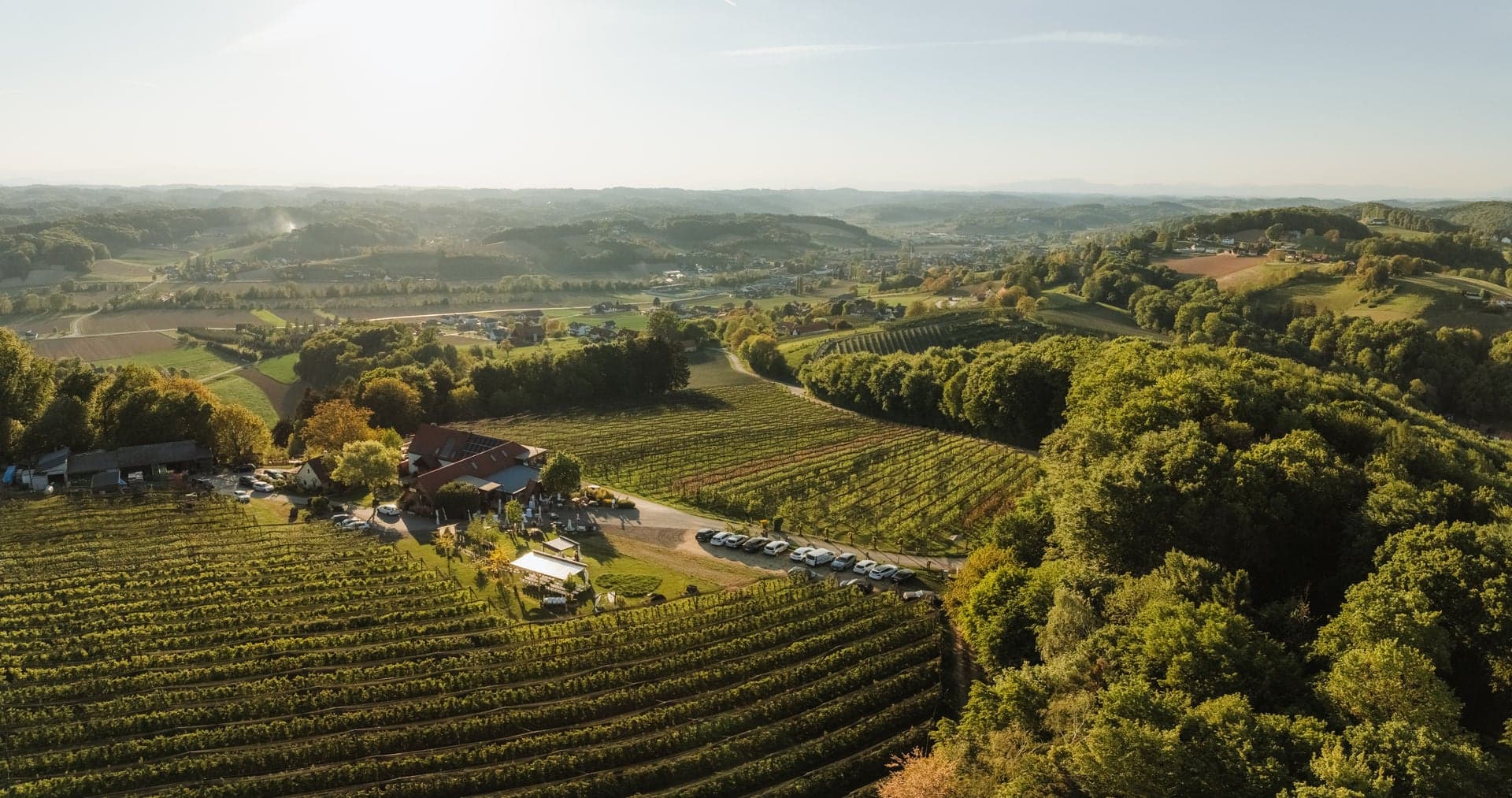 Der Hofberg im Abendlicht — Obstgärten und Hofladen mit Blick über das Steirische Vulkanland